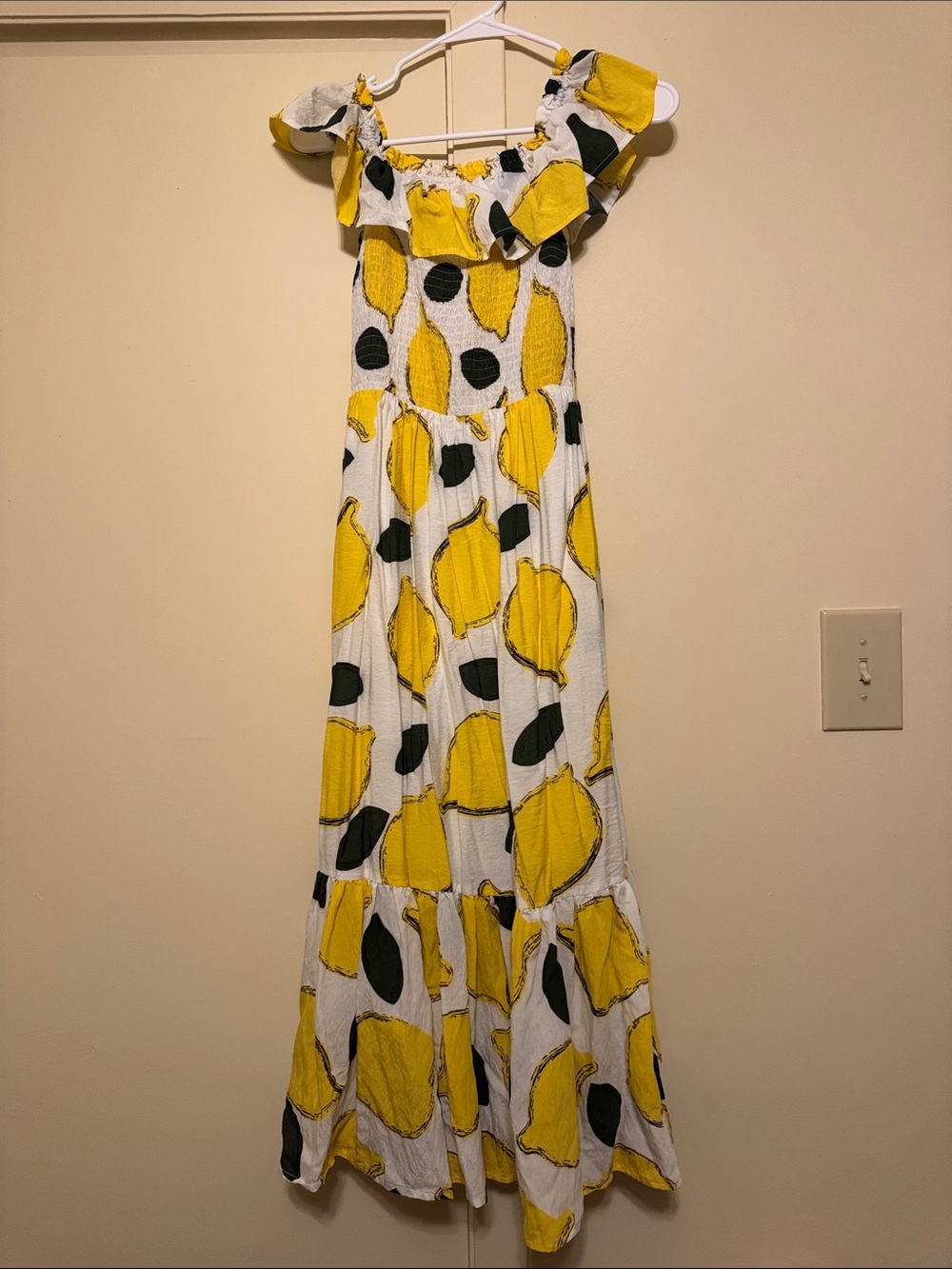 Yellow Lemon-Print Off-Shoulder Maxi Dress